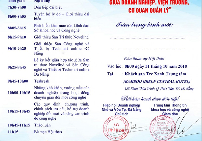 Mời tham dự Hội thảo kết nối cung - cầu công nghệ giữa doanh nghiệp, viện trường, cơ quan quản lý